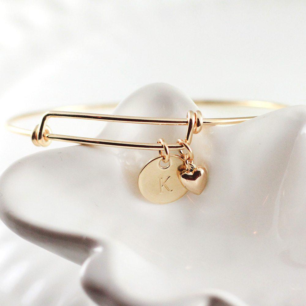 Gold Initial Bangle with Heart Default Title #MWS options 3422064687