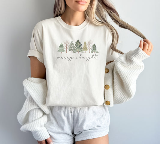 Merry & Bright Watercolor Trees Comfort Colors Tee