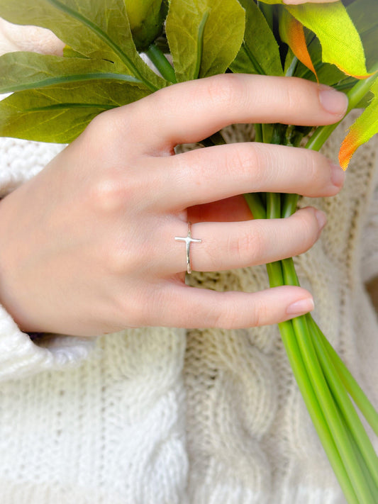 Sterling Silver Sideways Simple Cross Ring