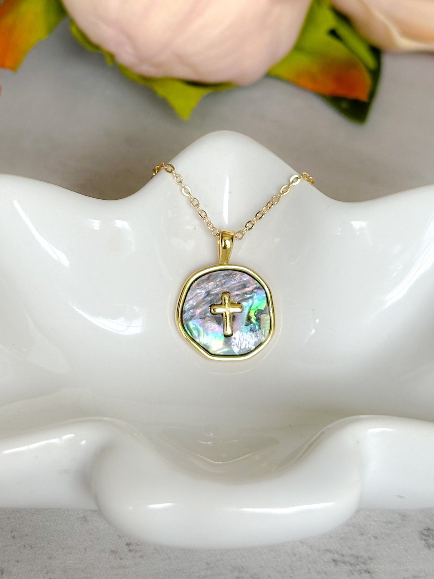 Abalone Shell and Gold Cross Necklace