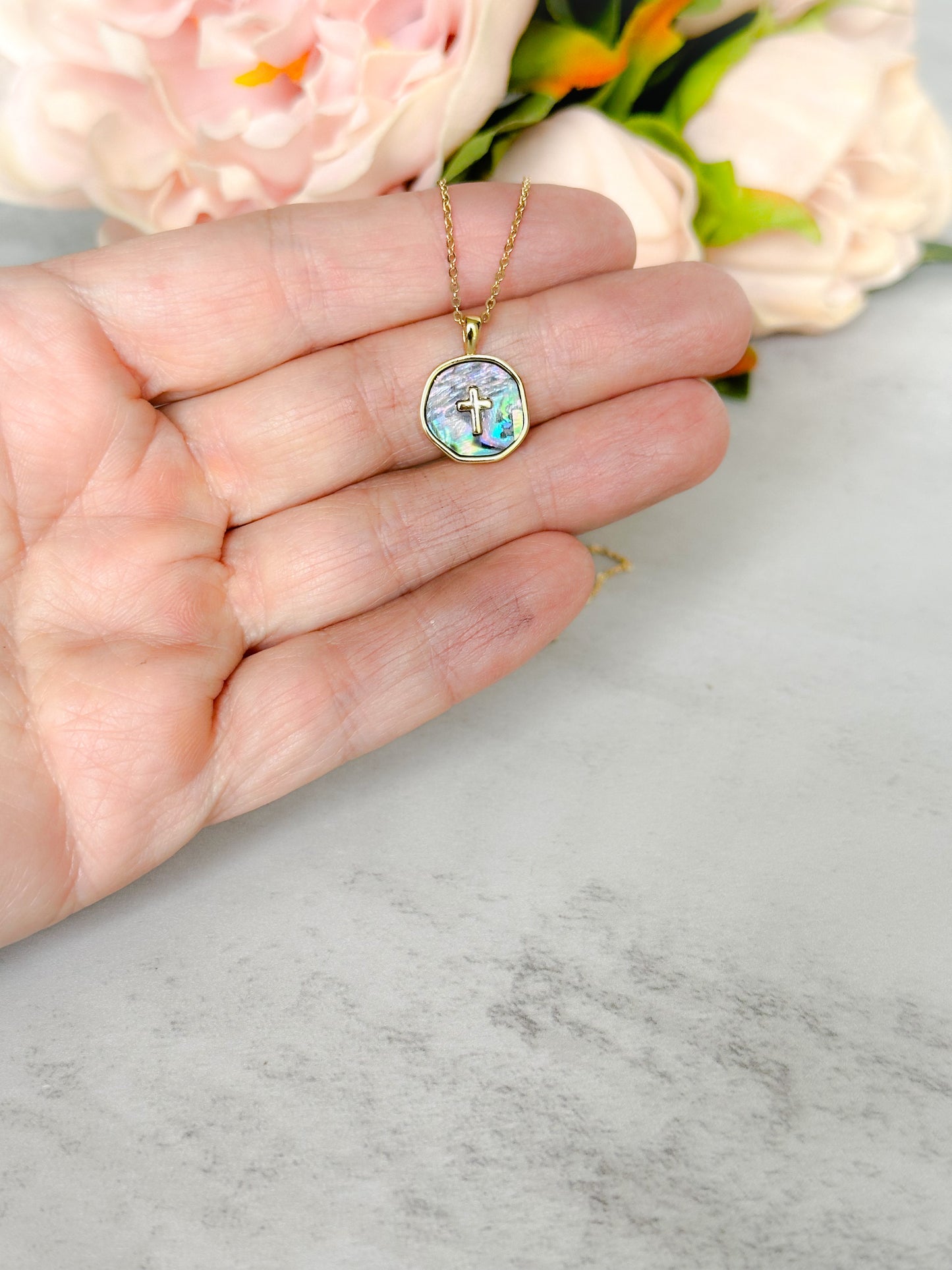 Abalone Shell and Gold Cross Necklace