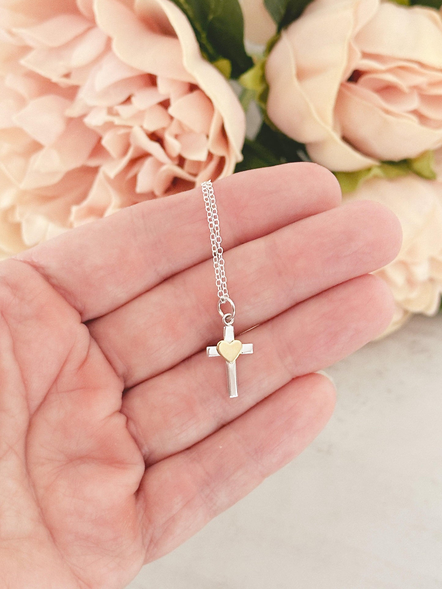 Simple Sterling Silver Cross Necklace with Gold Heart