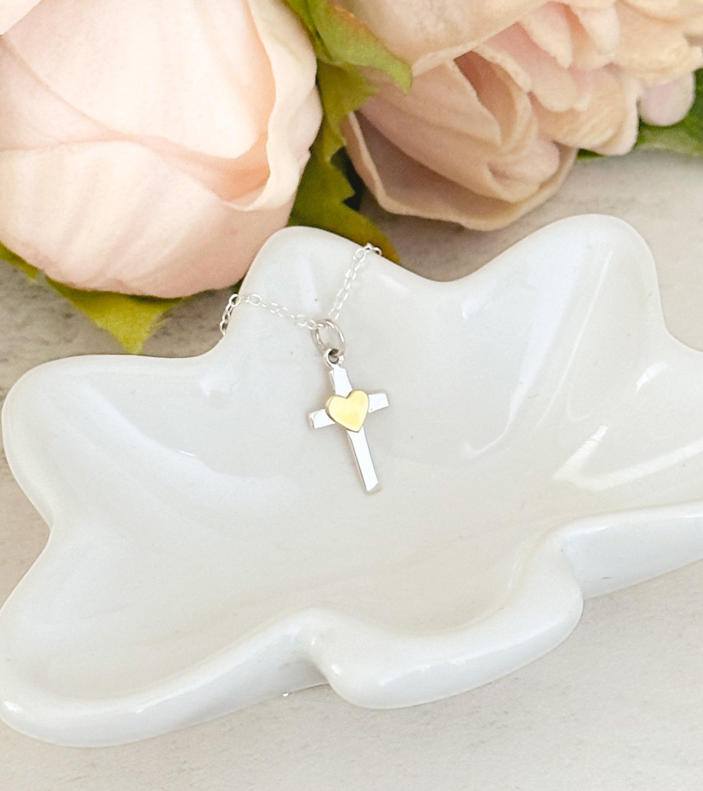 Simple Sterling Silver Cross Necklace with Gold Heart