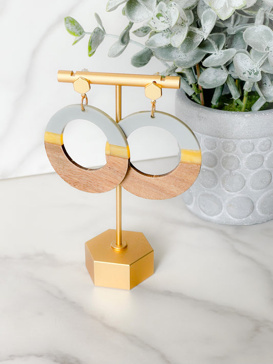 Wood and resin modern earrings - Gray and mustard hoops